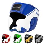 RingMaster Head Guard HeadGear Boxing MMA Martial Arts Kick Protector (Large-XLarge, Blue/White)