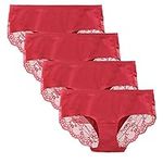 LIQQY Women's 4 Pack Cotton Lace Coverage Seamless Brief Panty Underwear (Medium, Red)