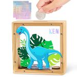 MHJY Money Box for Kids, Wooden Dinosaur Piggy Banks for Boys Girls Cartoon Money Jar Coin Bank with DIY Alphabet Stickers