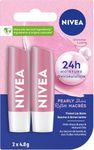 NIVEA Pearly Shine Lip Balm | Pearly Pink Shimmer Tinted Lip Care, 24H Hydration | 2x4.8g Tubes