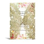 Hosmsua 20PCS Champagne Wedding Invitation Cards with Envelopes 5.12 x 7.3 Inch Laser Cut Butterfly Lace Flora Invitation for Wedding Quinceanera Sweet 16 Birthday (Champagne Glitter)