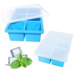 iNeibo Big ice Cube Tray Baby Food Freezer Trays - Large ice Cube Trays Silicone - Make 6 Pieces 2 Inch Ice Cube Mold for Whiskey，Drinking,Make Fun for ice Cube Tray with lid (Blue-lid, 2pack)