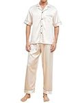 Mchodare Mens Silk Pajama Set, Short Sleeve Pjs Sets Sleepwear Button Down Loungewear with Long Pants Champagne