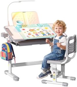 BIERUM Kids Desk and Chair Set - Height Adjustable 55° Tiltable Student Desk, Ergonomic Kids Widened Desktop Table with Painting Mat, Bookstand and 3 Modes LED Lamps for Kids Ages 3-12, Gray