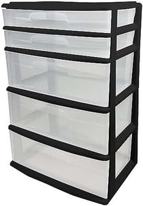 HOMZ Drawer Tower, 5-Tier Extra-Wide Clear Plastic Storage Organizer Cart, Black Frame - Stackable Container Boxes for Bedroom, Bathroom, Garage, and Office Organization
