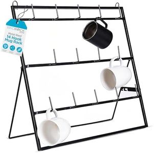 BIRDROCK HOME 14-Hook Mug Rack - Free Standing or Wall Mountable - Coffee Tea Cup Glass Storage Holder - Coffee Bar Display Décor - Decorative Kitchen Organizer - Flat Black Metal Steel