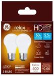 GE Relax LED Ceiling Fan Light Bulbs, 5.5 Watts (60 Watt Equivalent) Soft White HD Light, Frosted Finish, Medium Base, Dimmable (2 Pack)