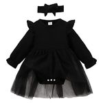 SOBOWO Infant Black Dress Baby Girl Tutu Dress Infant Girl Ruffle Romper Dress Black Long Sleeve Tulle Dress Skirt Headband Fall Winter Outfits(L Black, 12-18 Months)