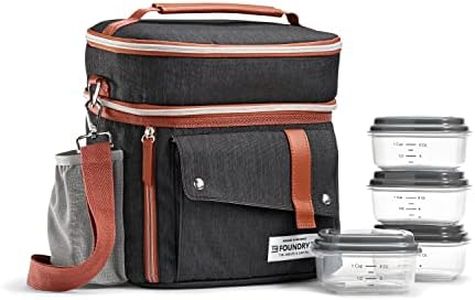 Foundry by Fit + Fresh, Wickenden Dual-Compartment Insulated Lunch Bag for Men & Women, Includes Four Meal Prep Containers, Adult Lunch Box & Insulated Cooler, Perfect for Work, Beach & More, Black