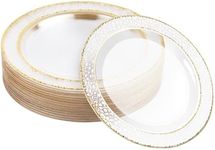 MATANA 20 Clear Plastic Party Plates 10" Inch/ 26cm - Hammered Gold Rim Dinner Plates, Salad Dessert, Appetizer Plates - Heavy Duty & Reusable for Christmas Parties, Wedding & Events