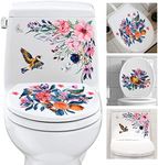 3PCS Birds and Flowers Bathroom Toilet Seat Wall Sticker Self-Adhesive Pink Purple Floral Toilet Lid Decals DIY Removable Watercolor Bouquet Toilets Stickers for Cistern Bathroom WC Restroom Decor (A)