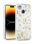 SCORPIFY for iPhone 13 Case with Shining Pearl Star Design, Cute Clear Phone Cover for Women Girls, [10FT MIL-Grade Drop Protection] White Slim Mother of Pearl Bumper with Gold Accents