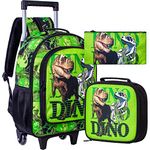 3PCS Rolling Backpack for Boys, Kids Dinosaur Bookbag with Roller Wheels, Suitcase School Bag Set for Toddler Elementary