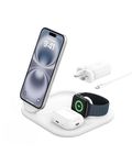 Belkin BoostCharge 3-in-1 Magnetic Foldable Charger with Qi2 15W, MagSafe Compatible Fast Charger for iPhone 17, Air, 16, Pixelsnap, Apple Watch, AirPods with Non-Slip Base, PSU Included - White