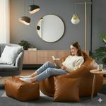 GIGLICK Luxury 5XL Jumbo Bean Bag with Footrest & Cushion | Premium Leatherette | High-Density Beans Filled | Heavy Duty Double Stitch | 6 Months Warranty Color- (Navy Blue) (TAN)