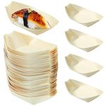 Cabilock 100PCS Wooden Sushi Serving Tray Leaf Boat Plate Japanese Sashimi Dishes Food Container Take Out Trays for Restaurant Home Weddings Parties