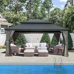 Domi Outdoor Living 10’ X 14’ Hardtop Gazebo Canopy with Netting & Curtains, Outdoor Aluminum Gazebo with Galvanized Steel Double Roof for Patio Lawn and Garden, Gray