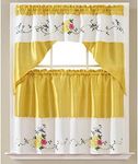 PREMIUS Bird 3-Piece Embroidery Kitchen Curtain Set with Swag Valance, Yellow, 30x36 Inches