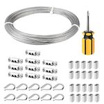 FSHIHINE 1.5mm Wire Cable 304 Stainless Steel Garden Wire Rope 30M with Cable Thimbles, Crimping Sleeves, Wire Rope Clip Multiuse for Hanging Lights Climbing Plants Fencing Washing Line Rigging Wire