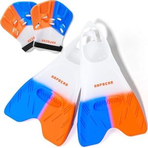HAPBEAR Swim Fins with Hand Paddles for Kids, Youth & Adults – Adjustable Short Blade Swim Training Fins, Swimming Flippers Set for Lap Swimming, Technique, Strength & Endurance Training