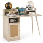 COSTWAY Computer Desk, 120cm Mid Century Writing Study Desk with Hutch, PE Rattan Cabinet and Shelves, Compact PC Laptop Workstation for Home Office (White Oak)