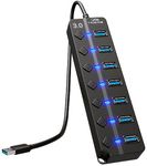 7-Port USB Hub 3.0 – Multi USB Port Hub with Individual Switches and Lights – Multiple Port USB Adapter Plug – High-Speed USB Extender for Flash Drives, Printer, PC – Portable USB Multiport Adapter