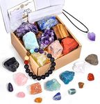 AOOVOO Crystals and Healing Stones, Healing Crystals Set Raw Chakra Stones, 7 Colorful gemstones, 7mini Mini Tumbled Chakra Stones +Amethyst Crystal Necklace + Gemstone Bottles + Lava Bracelet (25pcs)