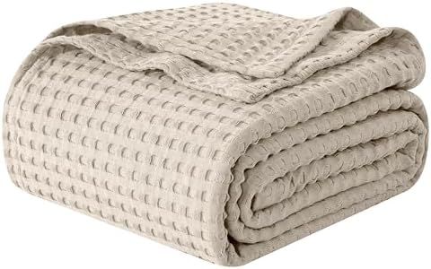 Elegant Comfort Premium 100% Cotton Waffle Blanket - Lightweight Breathable Waffle Weave Bed Blanket - Soft and Warm All Season Blanket for Couch, Sofa and Bed, Queen Size 90x90 Inches, Linen
