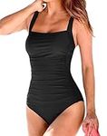 Husmeu Swimming Costume Women's Vintage Padded Push up One Piece Swimsuits Tummy Control Bathing Suits Swimwear Black XXL