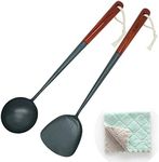 Traditional Spatula & Ladle Set for Wok, Asian Chef's Hand Hammered Iron Chuan and Hoak, Uncoated Preseasoned ，Stir Fry Cooking Utensil Set with Long Rosewood Handle,
