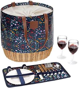 WILLOW WEAVE Portable Picnic Basket Set with Service for 2, Sturdy Woven Base & Canvas Picnic Beach Tote Bag with Drawstring Closure & Insulated Lining, for Outdoor Events, Shopping - Blue Floral