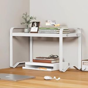 Hbluefat Desktop Organizer Shelf, 1 Tier Metal Desk Storage Bookshelf, Mini Countertop Bookcase, Small Multi-Functional Display Storage Rack for Home Office (White)