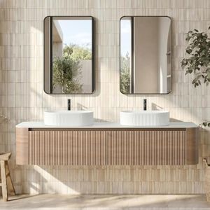 CITTANEO 72" Floating Bathroom Vanity with Double White Sink, Honey Oak