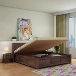 WOODLAB Sheesham Wood Queen Size Bed With Hydraulic Storage For Bedroom Double Bed For Home Furniture (Walnut Finish), 2.06 Meters, 158.75 CM, 88.9 CM