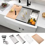 Hovheir 33 Inch Fireclay Farmhouse Sink Workstation - 33x21 Workstation Apron Front Farm Kitchen Sink White Ceramic Porcelain Single Bowl Farm Sink Extra Deep Wide Curved Front Undermount Farm Sinks