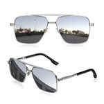 LUENX Polarized Square Aviator Sunglasses for Men, Trendy Retro Oversized Rectangular Mirrored Silver Lens Silver Metal Frame 61mm