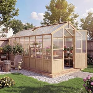 8x16 FT Wooden Greenhouse for Outdoor, Walk-in Greenhouse Kit with Ventilated Window & Lockable Door & Polycarbonate Panels, Large Wood Frame Green House for Garden, Backyard, Patio, Lawn, Plant