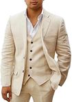 HUUTOE Mens Suit Set Beige Linen 3 Piece Gifts for Dad Groomsmen Tuxedo Suit for Wedding Casual Linen Suits for Men XL