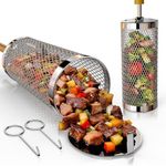 Basinel Rolling Grill Basket 2-Pack,304 Stainless Steel Grill Basket with Removable Wooden Handle,BBQ Tool & Smoker Accessory for Veg & Shrimp,Ideal for Outdoor Cooking,Camping & Gifts for Dad/Husband/Men
