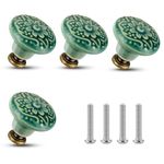 ASTER 4 Pcs Ceramic Drawer Knobs, Vintage Flower Cabinet Knobs, Decorative Furniture Knobs with Mounting Screws for Cupboard Drawer Closet Door, Diameter 1.4 inch(Green)