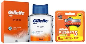 Gillette Fusion Power Shaving Razor Blades - 8 Pieces & Gillette PRO AFTER SHAVE SPLASH ICY COOL 50ML, White