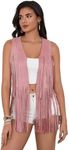 Verdusa Women's Tassel Sleeveless Vest 70s Hippie Faux Suede Fringe Jacket Cardigan Watermelon Pink Medium