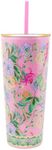 Lilly Pulitzer Double Wall Tumbler with Lid and Reusable Straw, Blue Plastic Cup, Insulated Travel Cup Holds 24 Ounces, Via Amore Spritzer