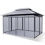 COSTWAY 4 x 3m Garden Gazebo, Marquee Party Canopy Tent with Removable Mesh Side Walls, 2-Tier Roof All-Weather Sun Shelter for Patio Backyard Wedding BBQ Event (Gray)