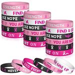 WATINC 48Pcs Breast Cancer Awareness Silicone Bracelets Set, Pink Ribbons Hope Faith Strength Courage Stretch Wristbands, Motivational Rubber Bracelet with Inspirational Messages for Women Girls