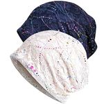 WULIQIUQIU Womens Chemo Beanie Hat Cancer Cap Stretch Slouchy Turban Headwear C-White+Blue