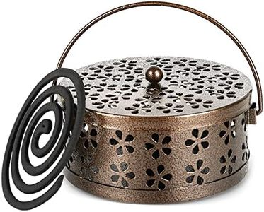 Whthteey Retro Portable Iron Mosquito Coil Holder with Handle Round Fireproof Incense Holder Bronze