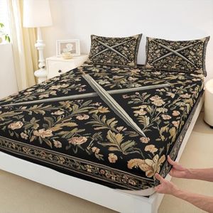 Medieval Style Swords Bed Sheet Queen Size Country Rustic Flowers Bedding Set Knight Theme Sword Fitted Sheet Adults Room Decor Black Yellow Soft Sheets with 2 Pillowcase,No Top Flat