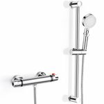 Thermostatic Shower Mixer Kit Wall Mounted Thermostatic Shower Valve with Adjustable Riser Kit, Include Shower Rail, Shower Head, Shower Hose, 38°C Safety Lock Anti Scald, Chrome Modern Shower Set