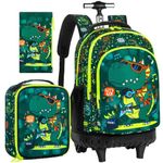 3PCS Rolling Backpack for Boys, 19 Inche Roller School Backpack with Wheels, Dinosaur Wheeled Bookbag Set for Men(Green)